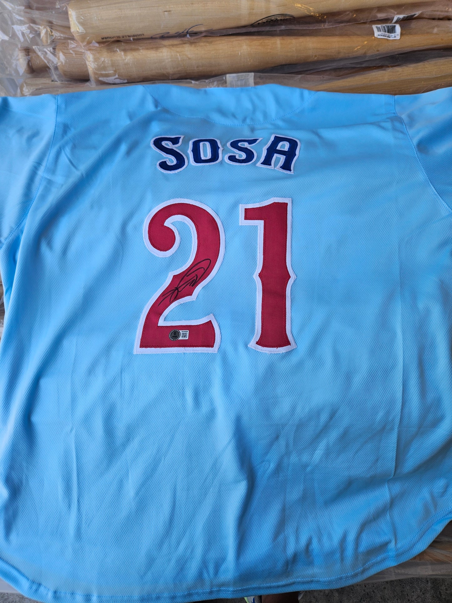 SAMMY SOSA SIGNED AUTO CHICAGO CUBS POWDER BLUE JERSEY BECKETT BAS AUTOGRAPHED
