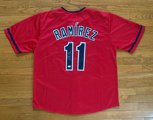 Autographed/Signed JOSE RAMIREZ Cleveland Red Baseball Jersey JSA COA