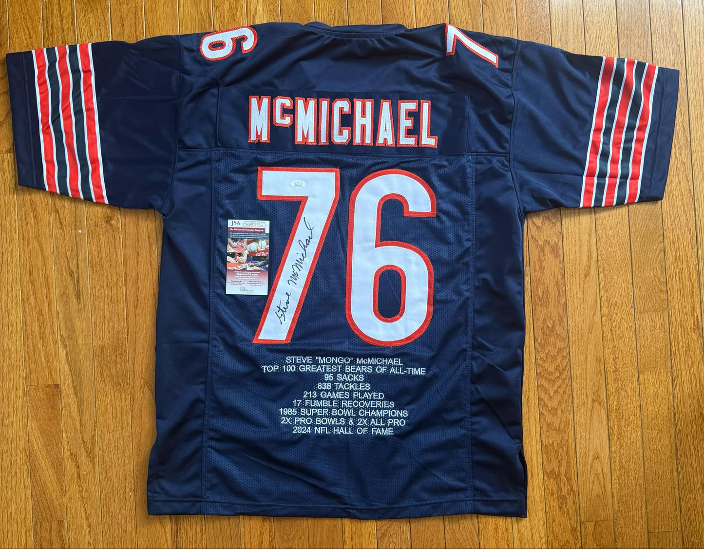 Steve Mcmichael Chicago Bears Legend Signed STAT Custom Navy Jersey JSA COA