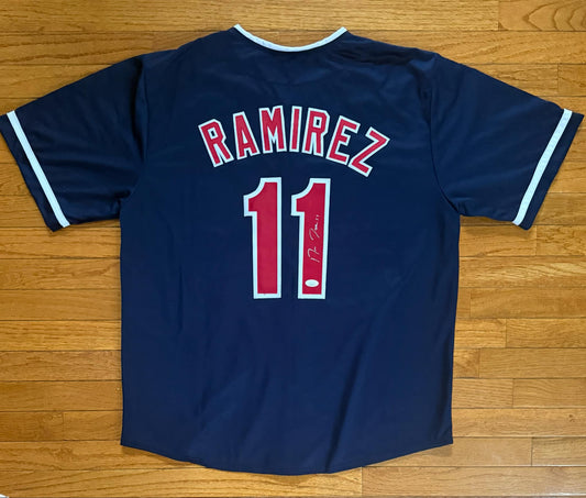 Autographed/Signed JOSE RAMIREZ Cleveland NAVY Baseball Jersey JSA COA