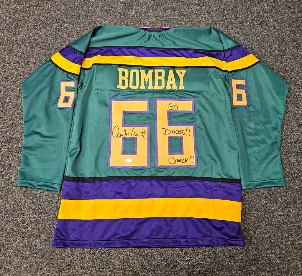 Autographed/Signed Emilio Estevez Gordon Bomba Hockey Jersey JSA INSCRIBED