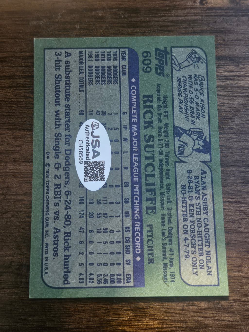 Rick Sutcliffe Signed/AUTOGRAPHED Topps 609 1982 JSA CH58569