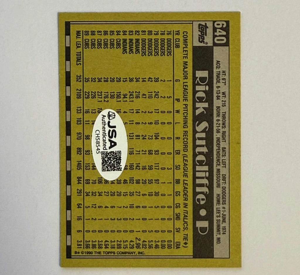 Autographed/Signed Rick Sutcliffe 90 Topps Cubs #640 MLB Baseball Card JSA 8545