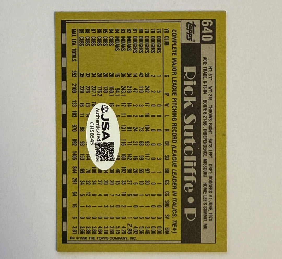 Autographed/Signed Rick Sutcliffe 90 Topps Cubs #640 MLB Baseball Card JSA 8545