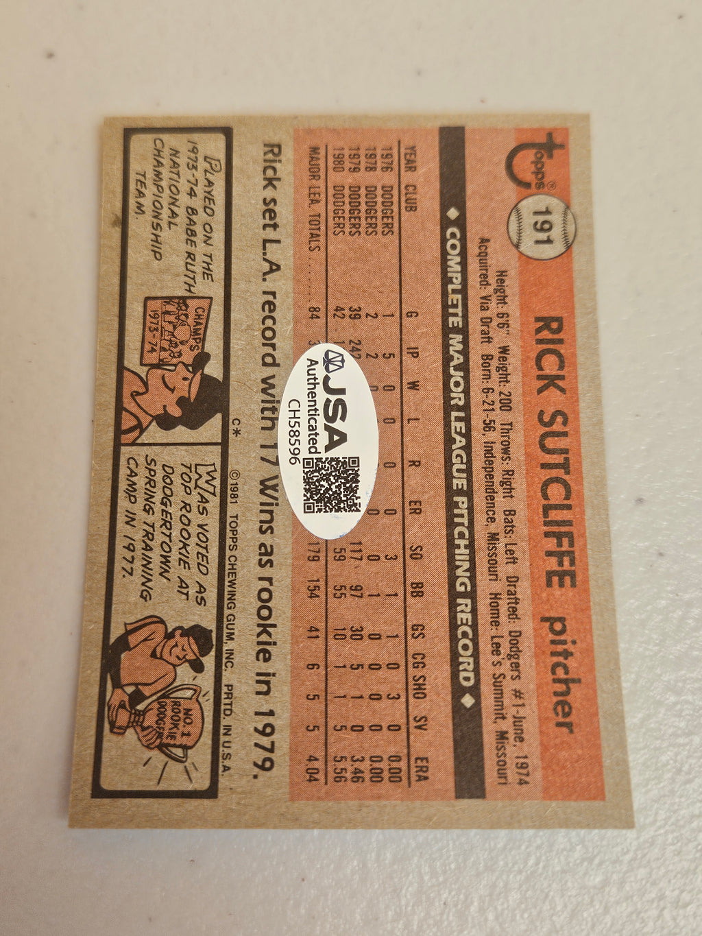 Rick Sutcliffe Signed/Autographed Topps 191 1981 JSA COA CH58596