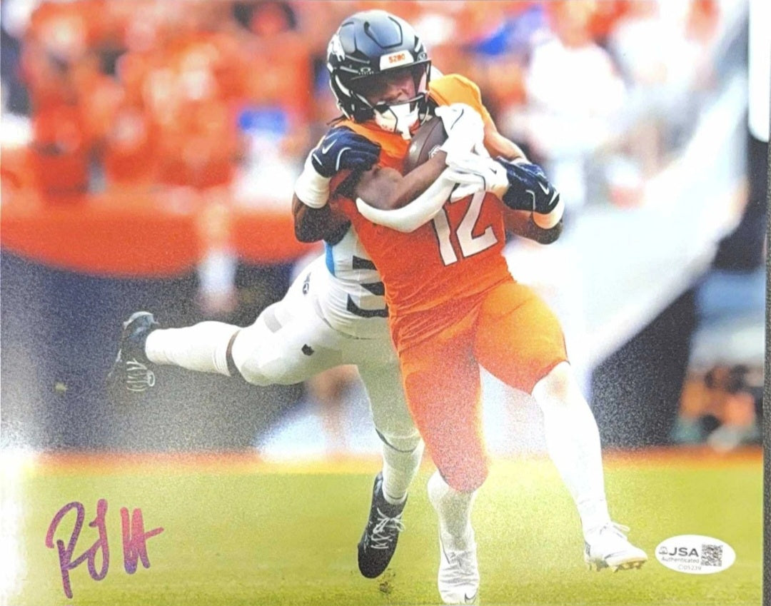 RJ HARVEY signed autographed DENVER BRONCOS 8x10 Breaking Tackle W/COA JSA