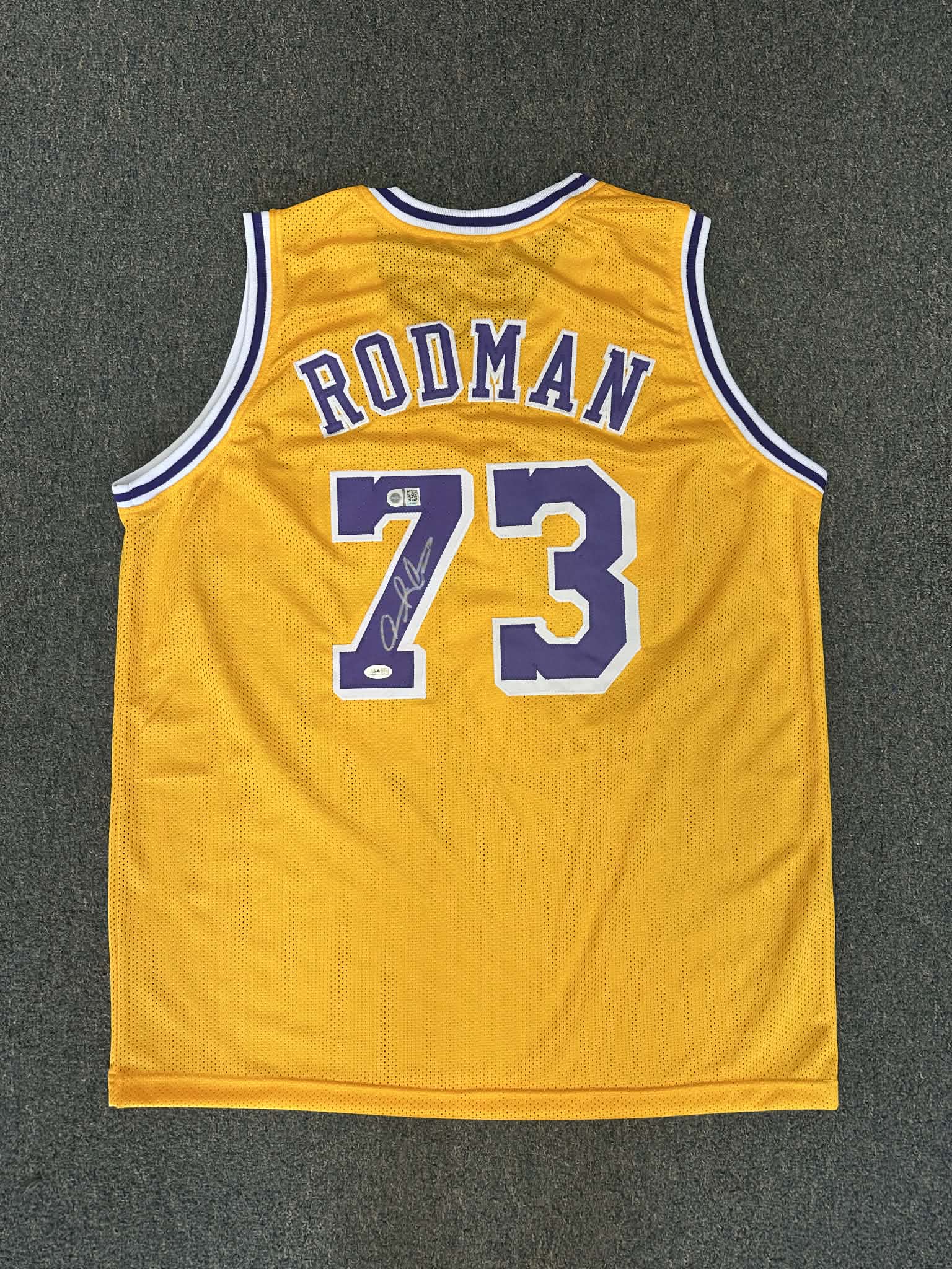 Autographed/Signed DENNIS RODMAN Los Angeles Yellow Basketball Jersey JSA COA