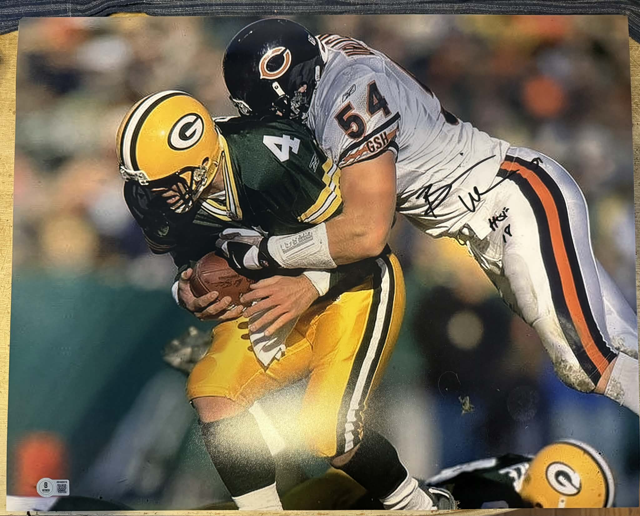 Brian Urlacher Signed HOF 18 Inscription Pose 5 Football 16x20 Photo (Beckett)