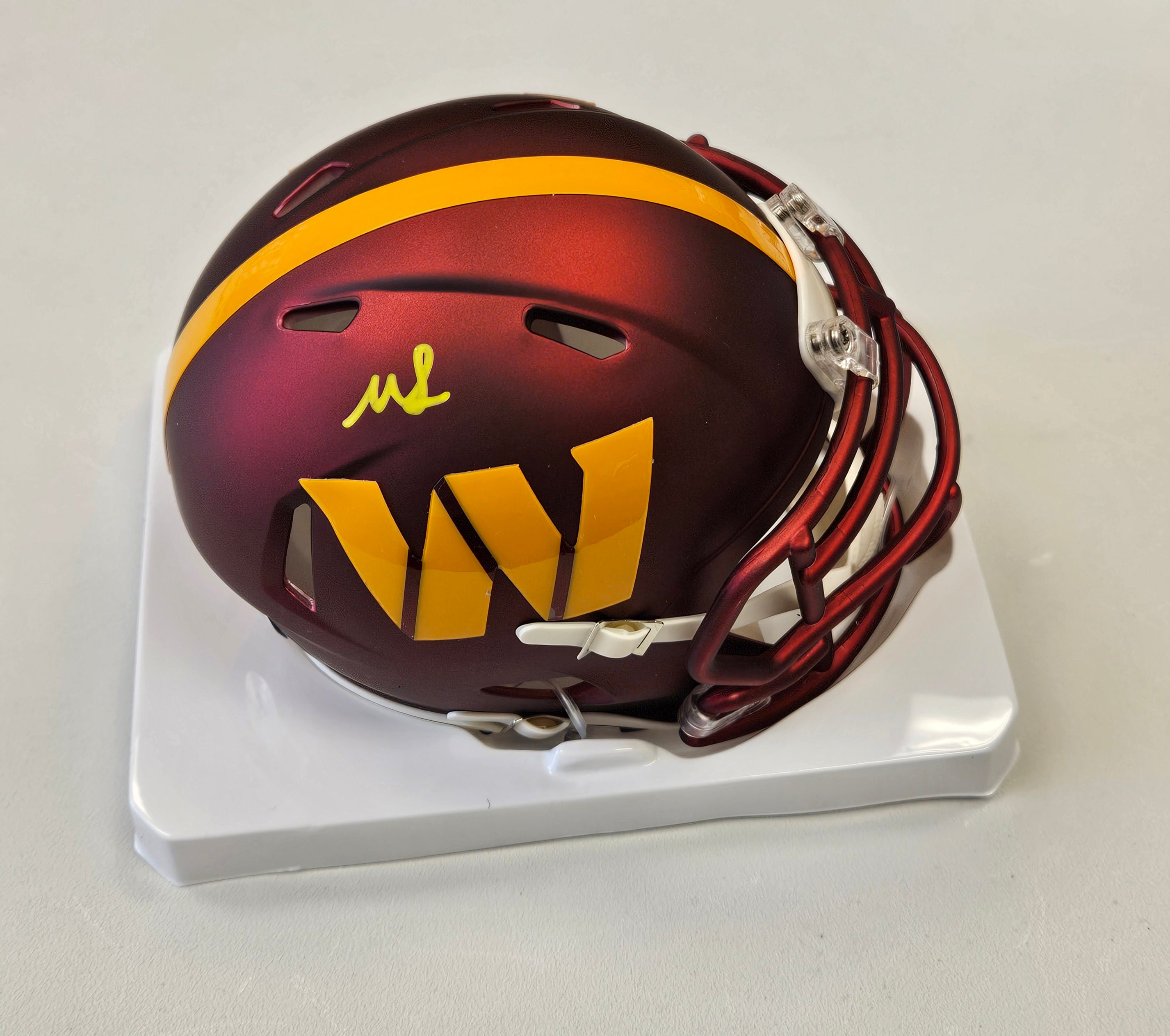 Mike Sainristil Auto Signed Commanders Maroon Speed Mini Helmet Beckett Witness
