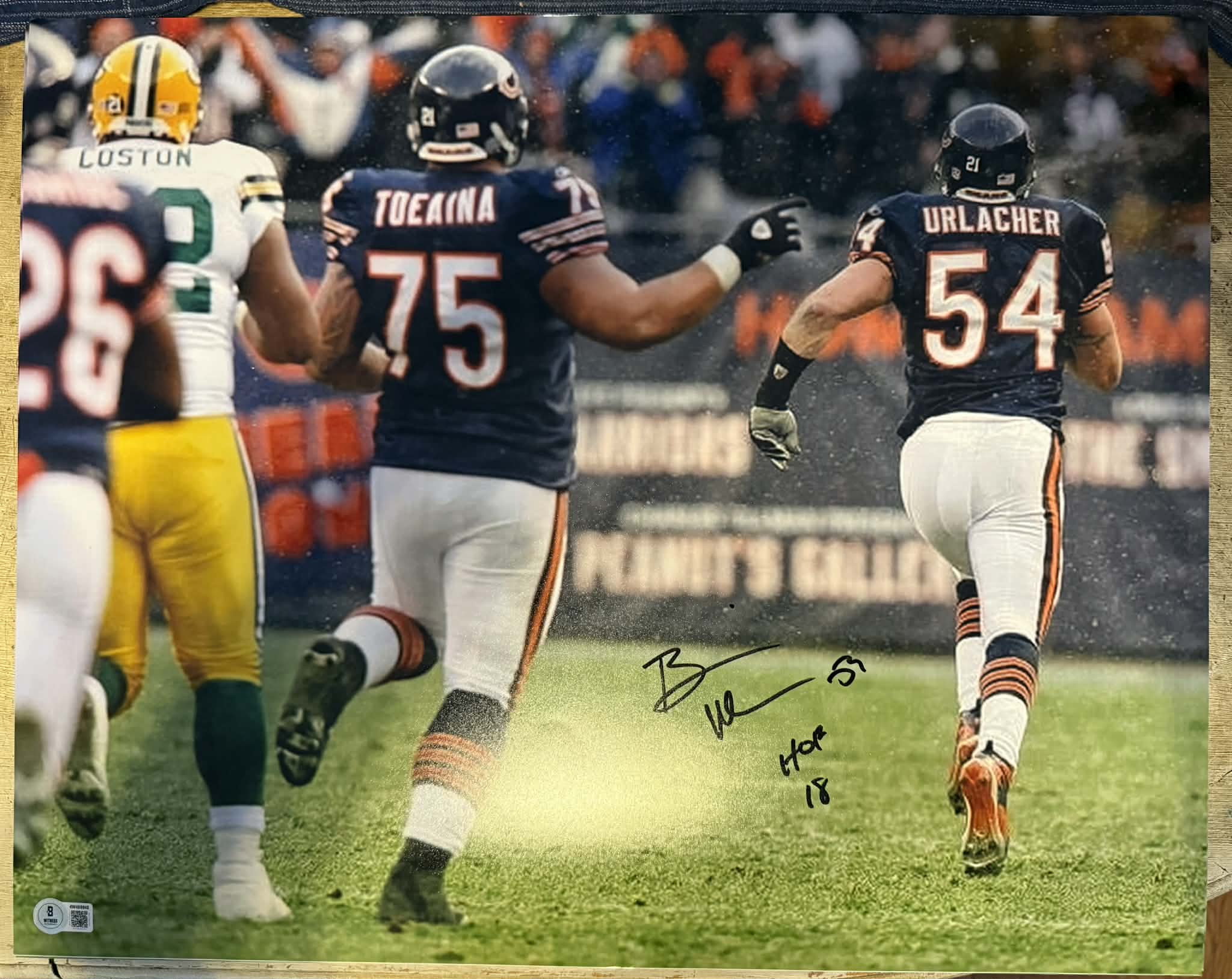 Brian Urlacher Signed HOF 18 Inscription Pose 4 Football 16x20 Photo (Beckett)