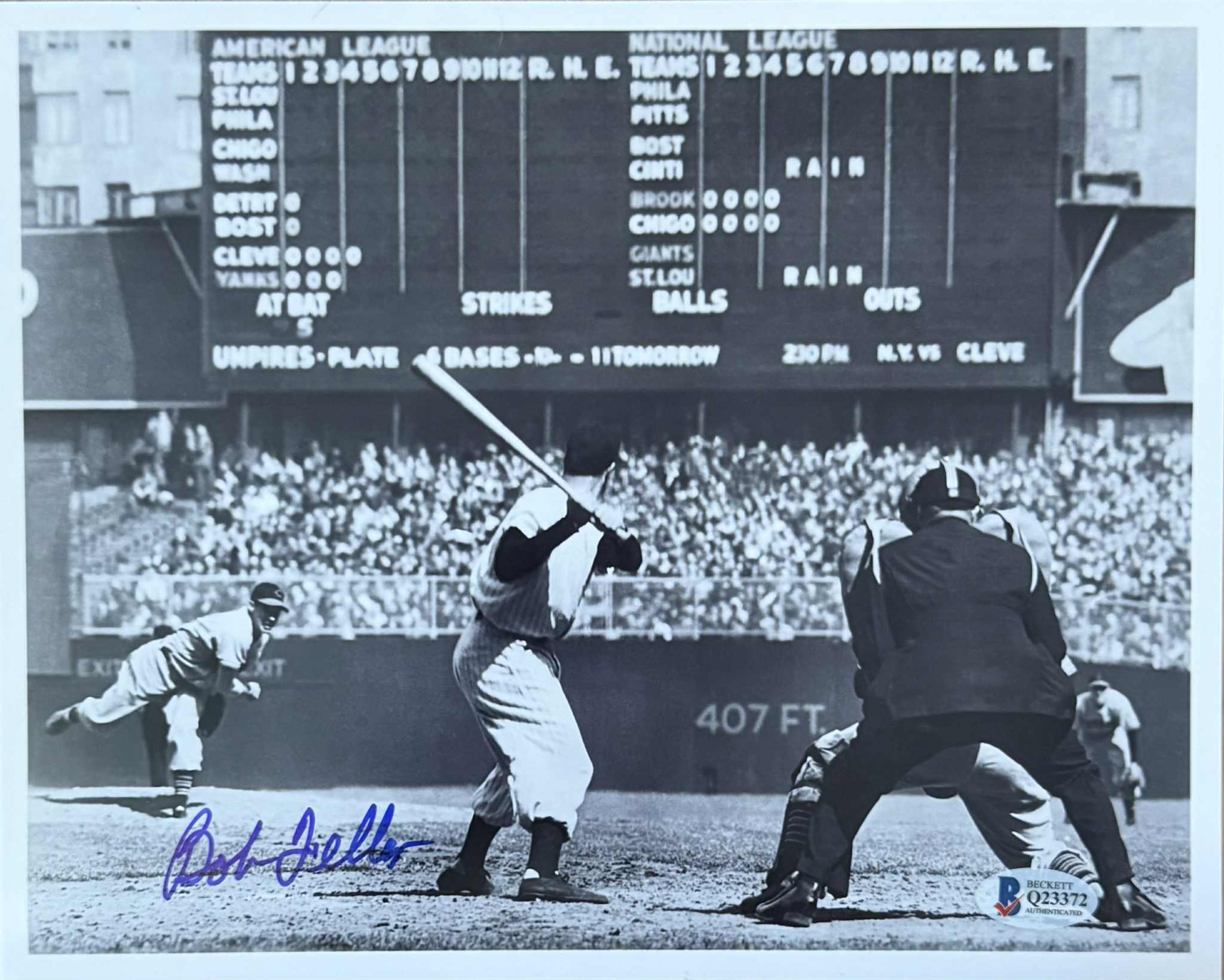 BOB FELLER AUTOGRAPHED SIGNED 8x10 Black and White Photo with BAS COA