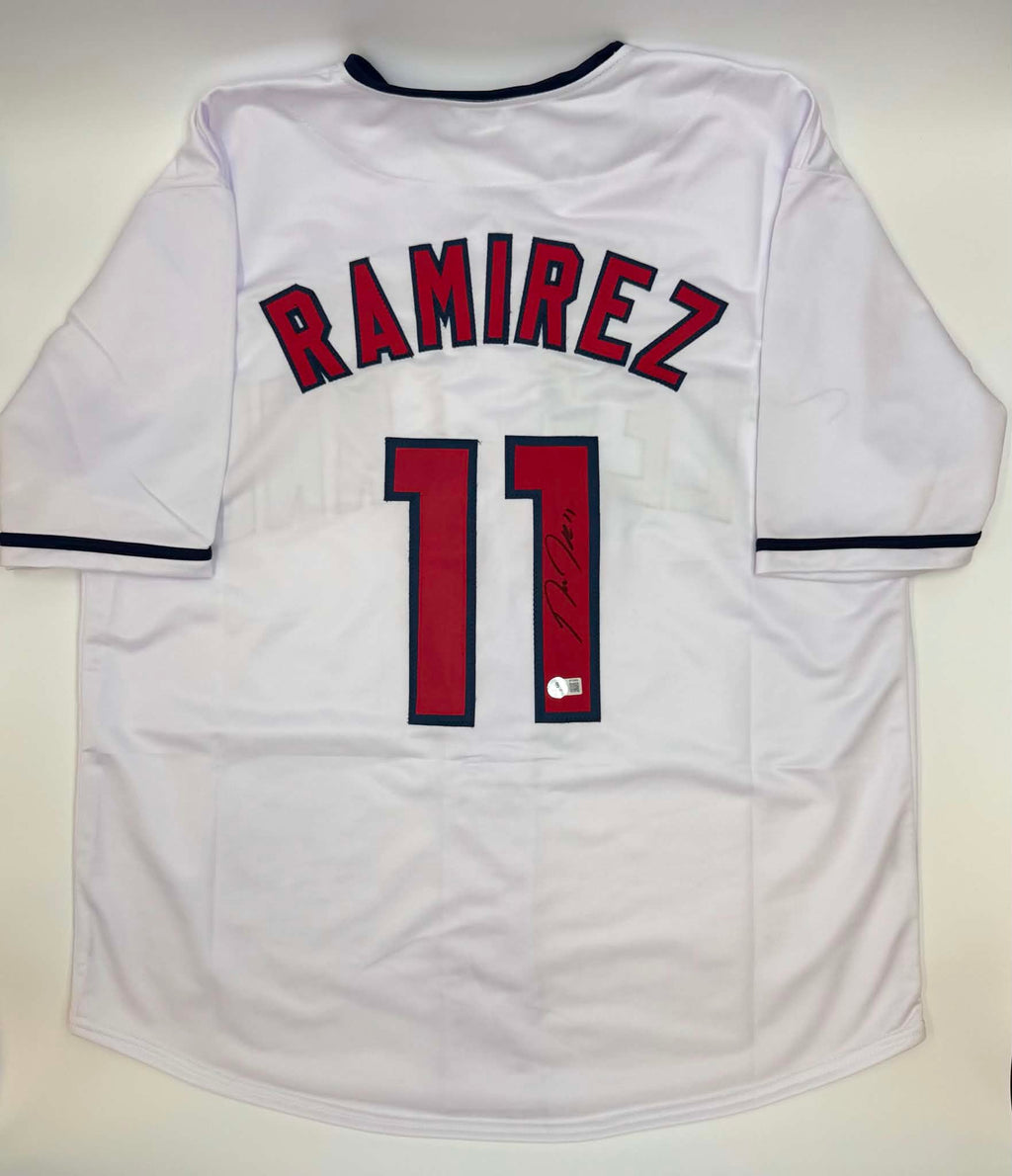 Autographed/Signed JOSE RAMIREZ Cleveland White Baseball Jersey Beckett BAS COA