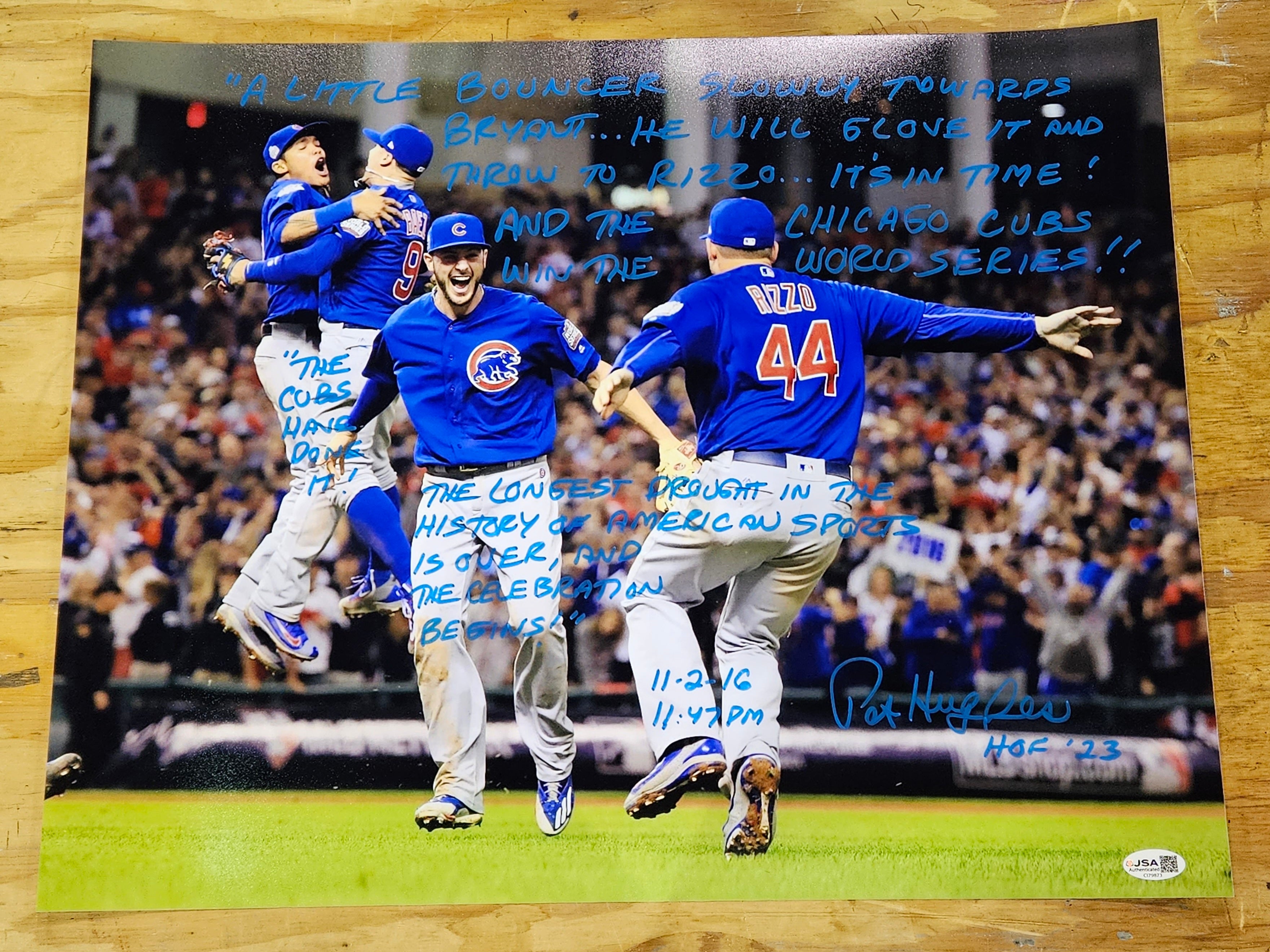 Pat Hughes Chicago Cubs Signed 2016 World Series LAST OUT INSCRIPTION 16X20 JSA!