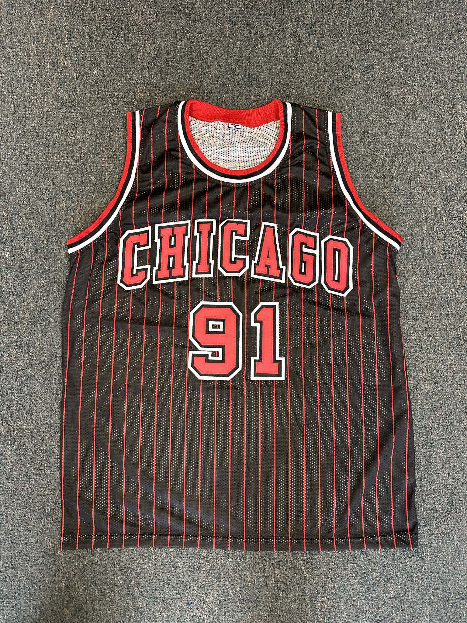 Autographed/Signed DENNIS RODMAN Chicago Pinstripe Basketball Jersey JSA COA