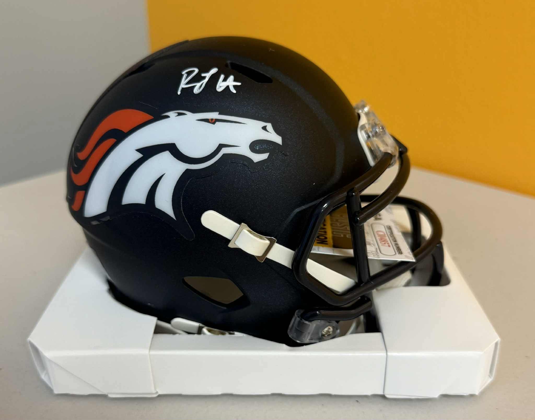 RJ HARVEY SIGNED/AUTOGRAPHED DENVER BRONCOS SPEED MINI JSA WITNESS COA WHITE INK