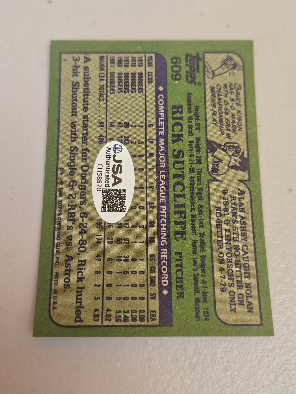 Rick Sutcliffe Signed/AUTOGRAPHED Topps 609 1982 JSA CH58570