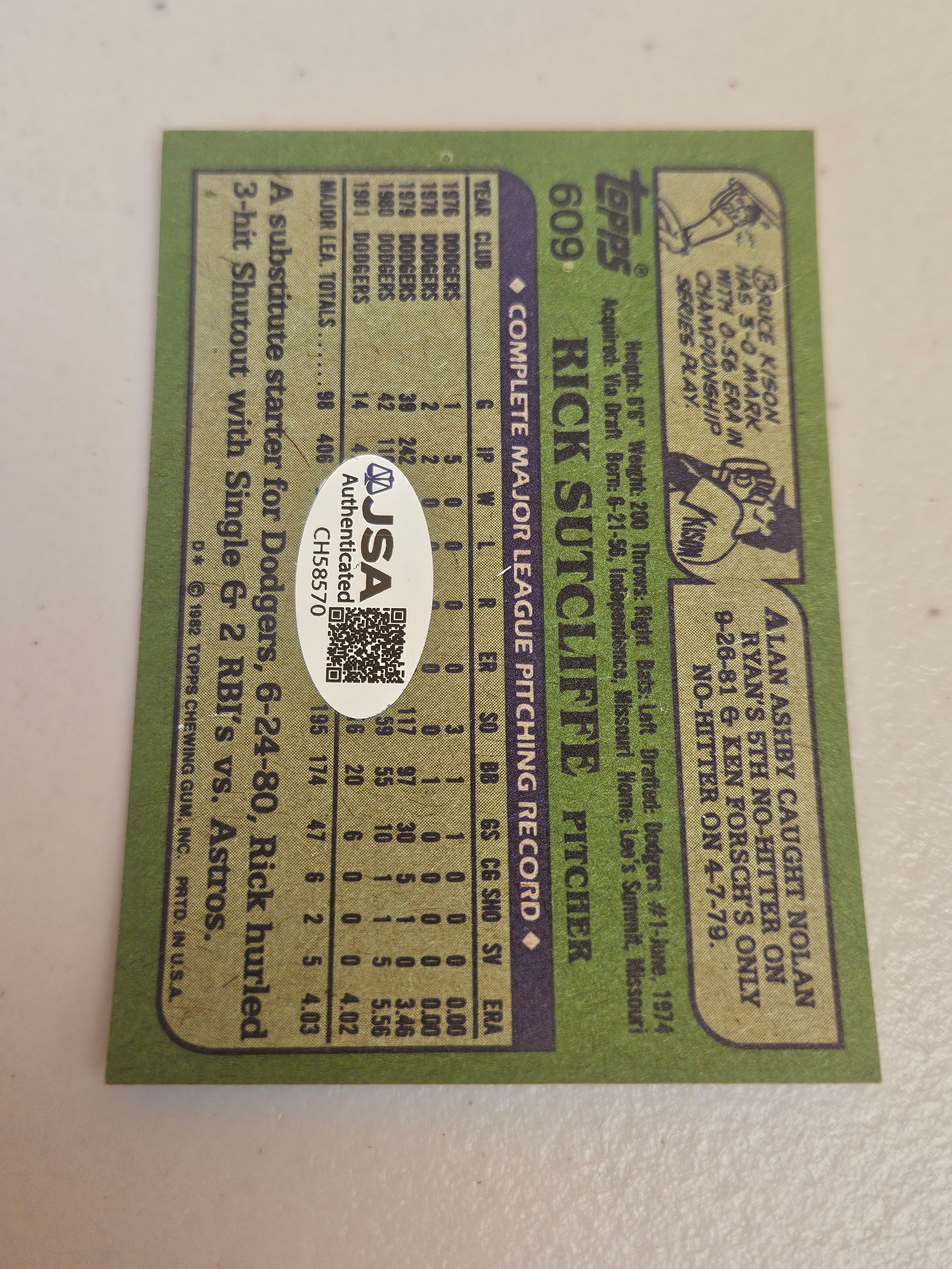 Rick Sutcliffe Signed/AUTOGRAPHED Topps 609 1982 JSA CH58570