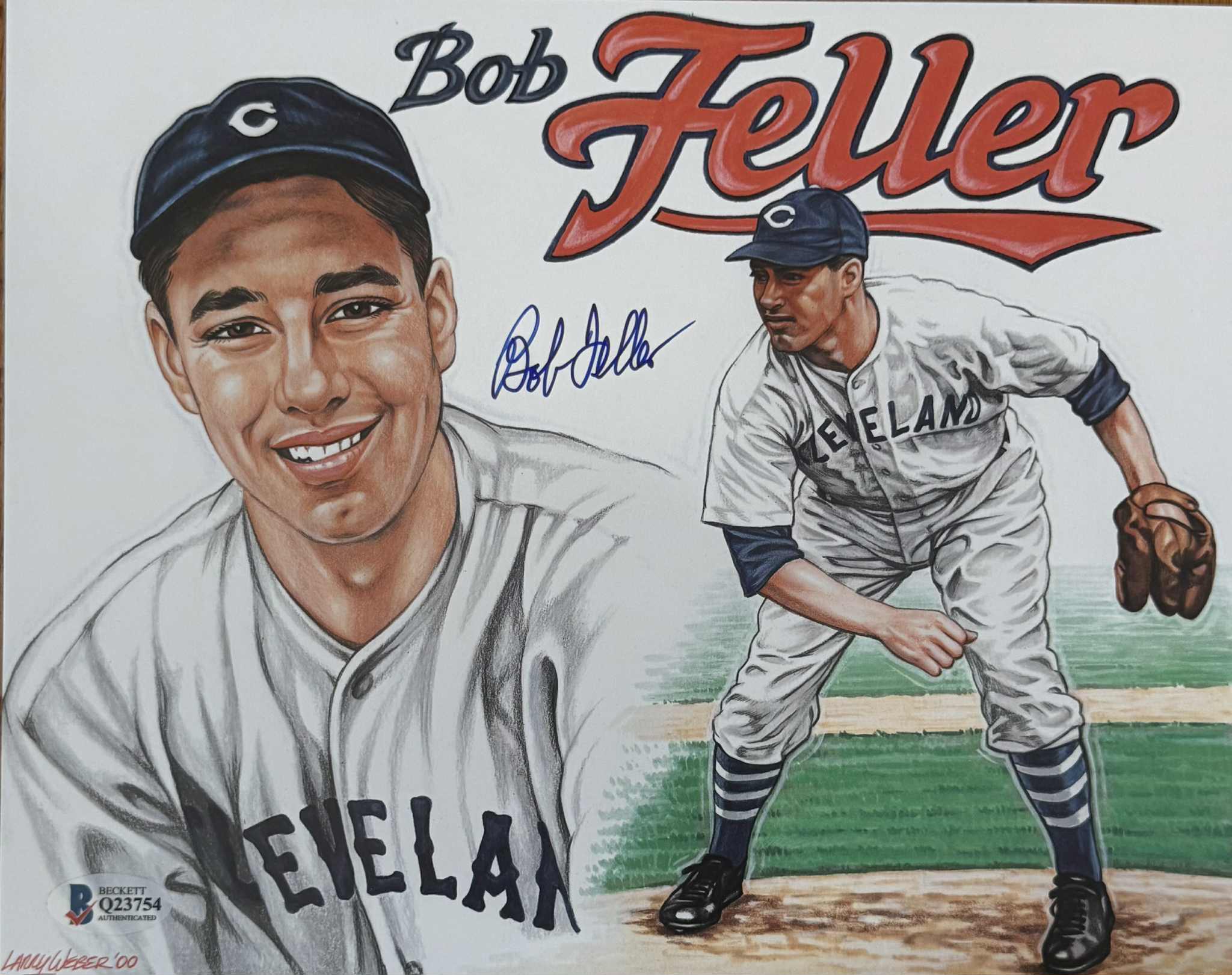 Bob Feller Signed 8x10 Art Photo by Artist Larry Weber - BAS COA - Indians