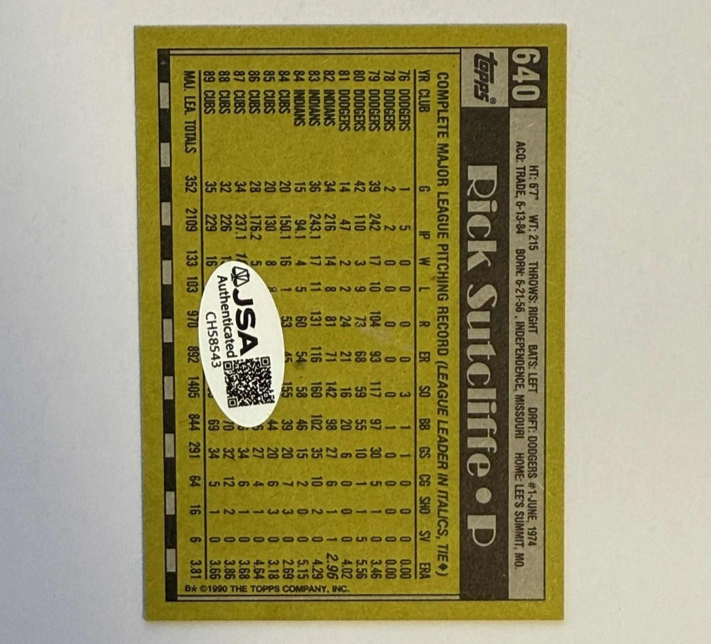 Autographed/Signed Rick Sutcliffe 90 Topps Cubs #640 MLB Baseball Card JSA 8543