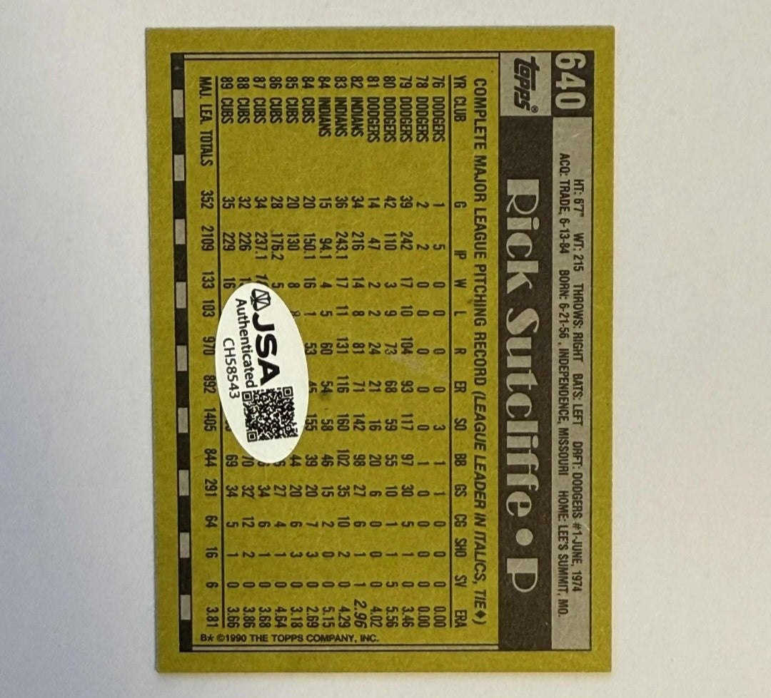 Autographed/Signed Rick Sutcliffe 90 Topps Cubs #640 MLB Baseball Card JSA 8543