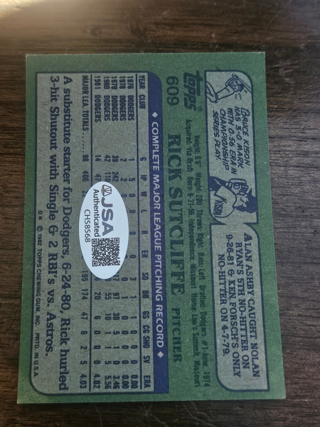 Rick Sutcliffe Signed/AUTOGRAPHED Topps 609 1982 JSA CH58568