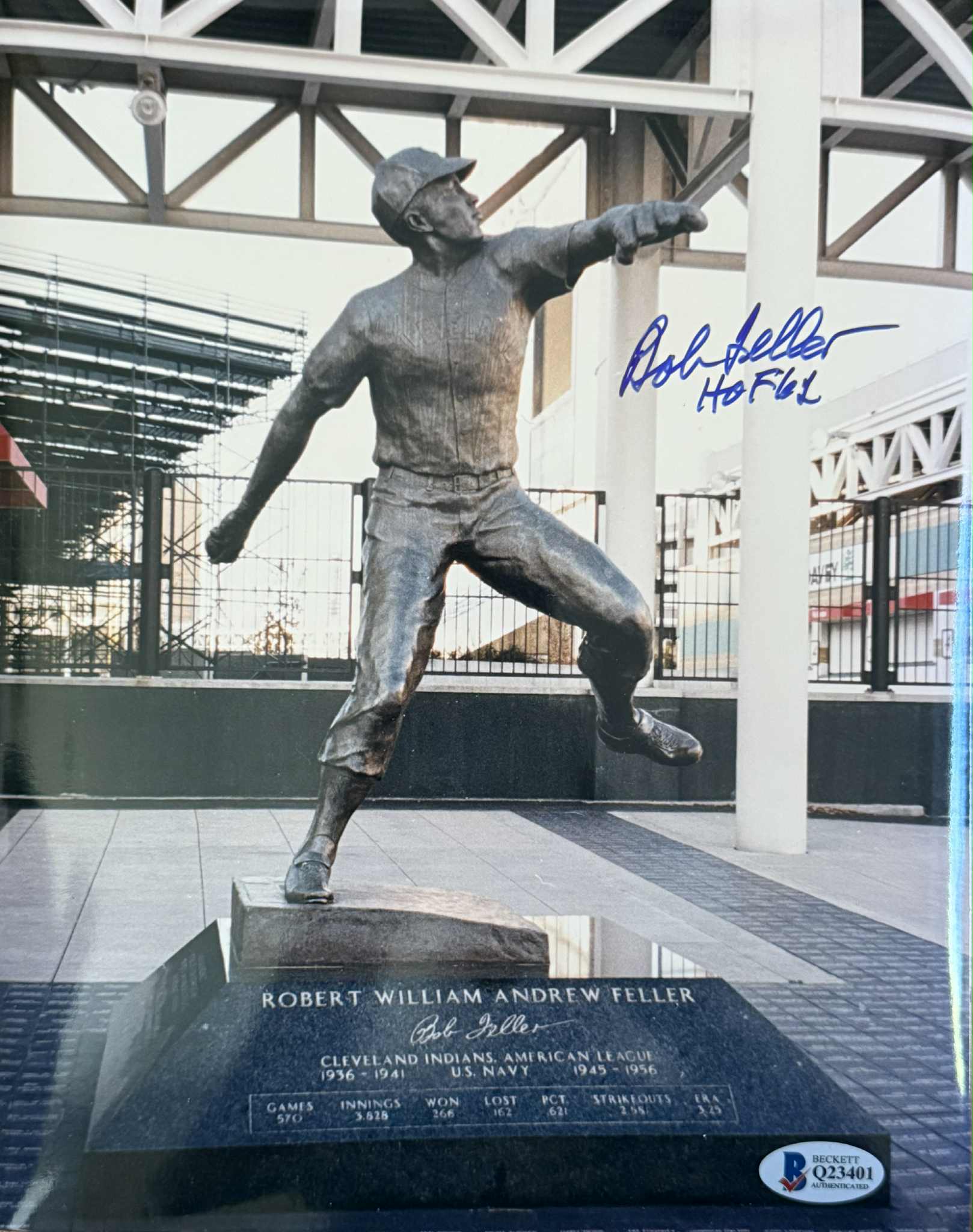 Bob Feller Autographed 8X10 Stadium Statue Photo "HOF" JSA