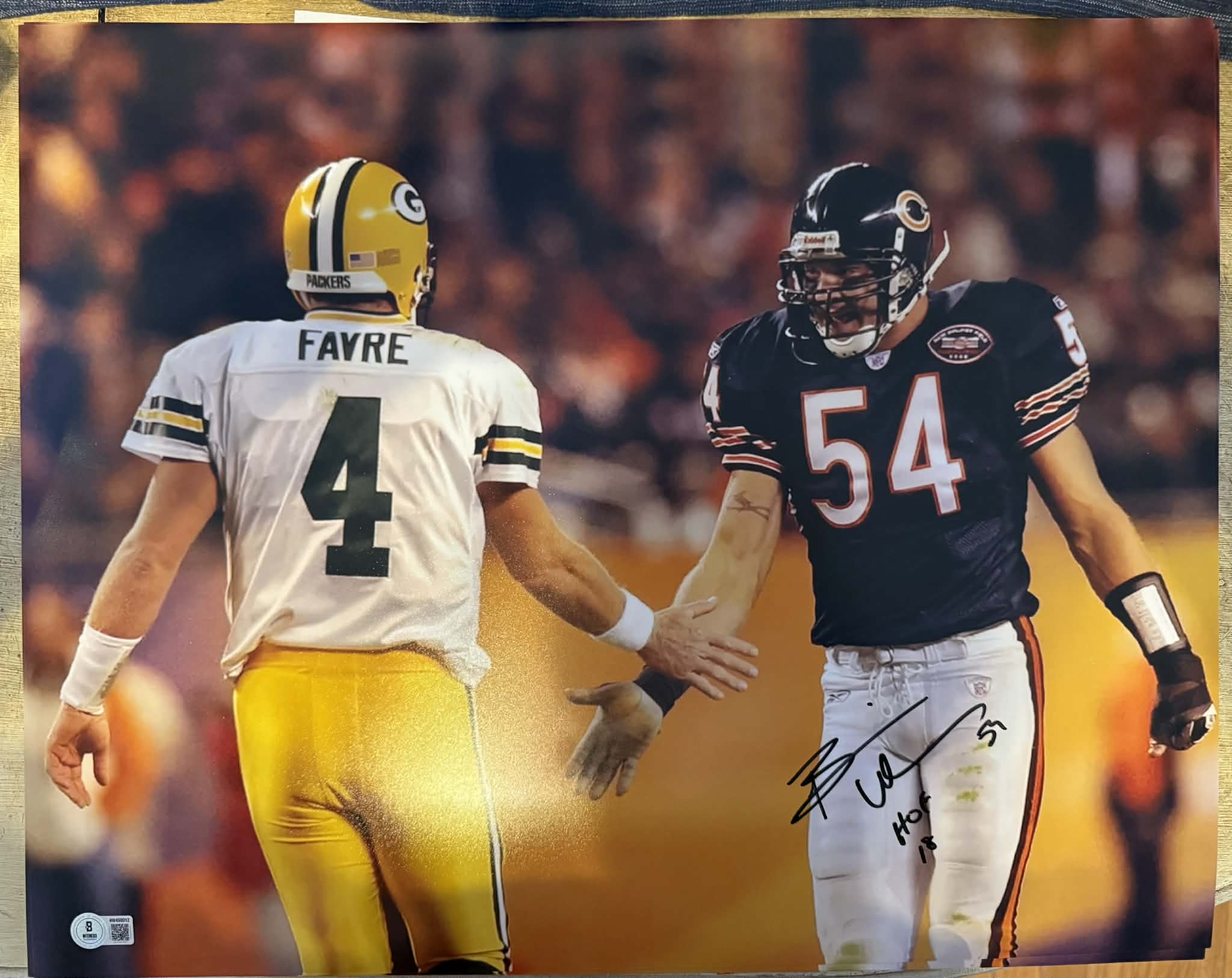 Brian Urlacher Signed HOF 18 Inscription Pose 1 Football 16x20 Photo (Beckett)