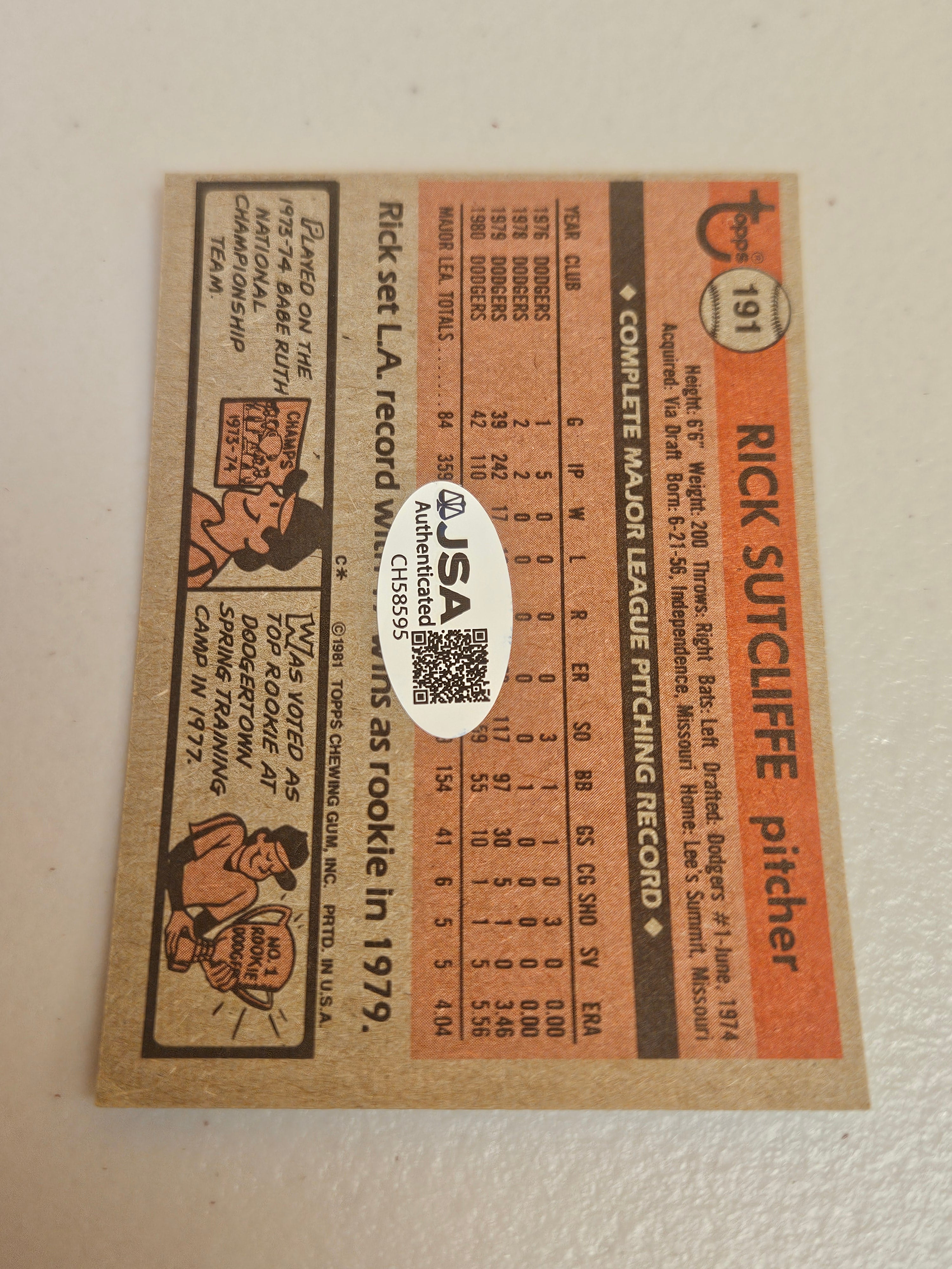 Rick Sutcliffe Signed/Autographed Topps 191 1981 JSA COA CH58595