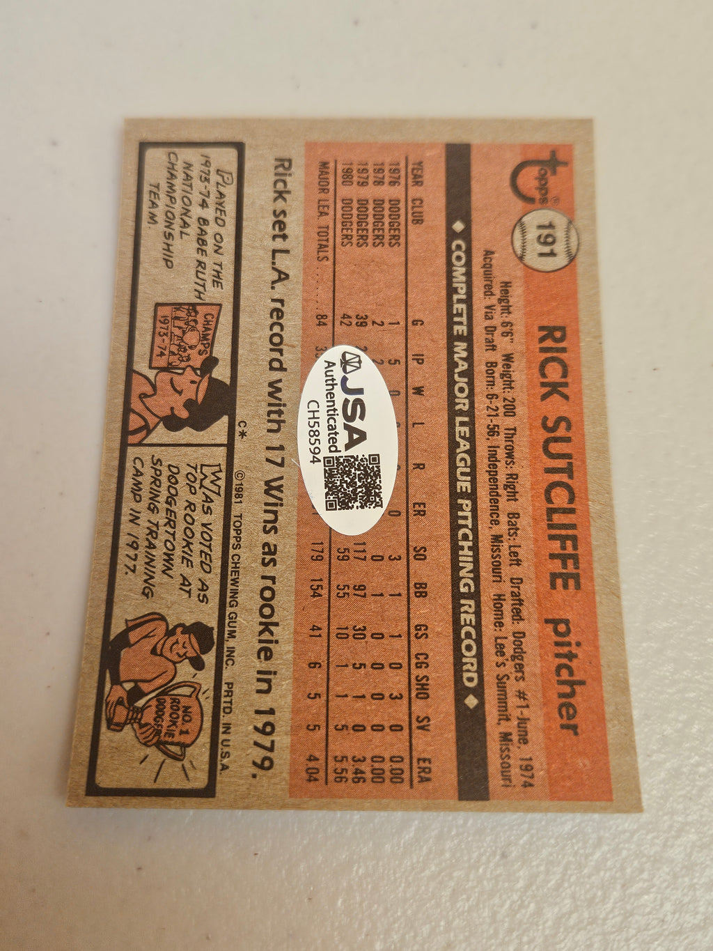 Rick Sutcliffe Signed/Autographed Topps 191 1981 JSA COA CH58594