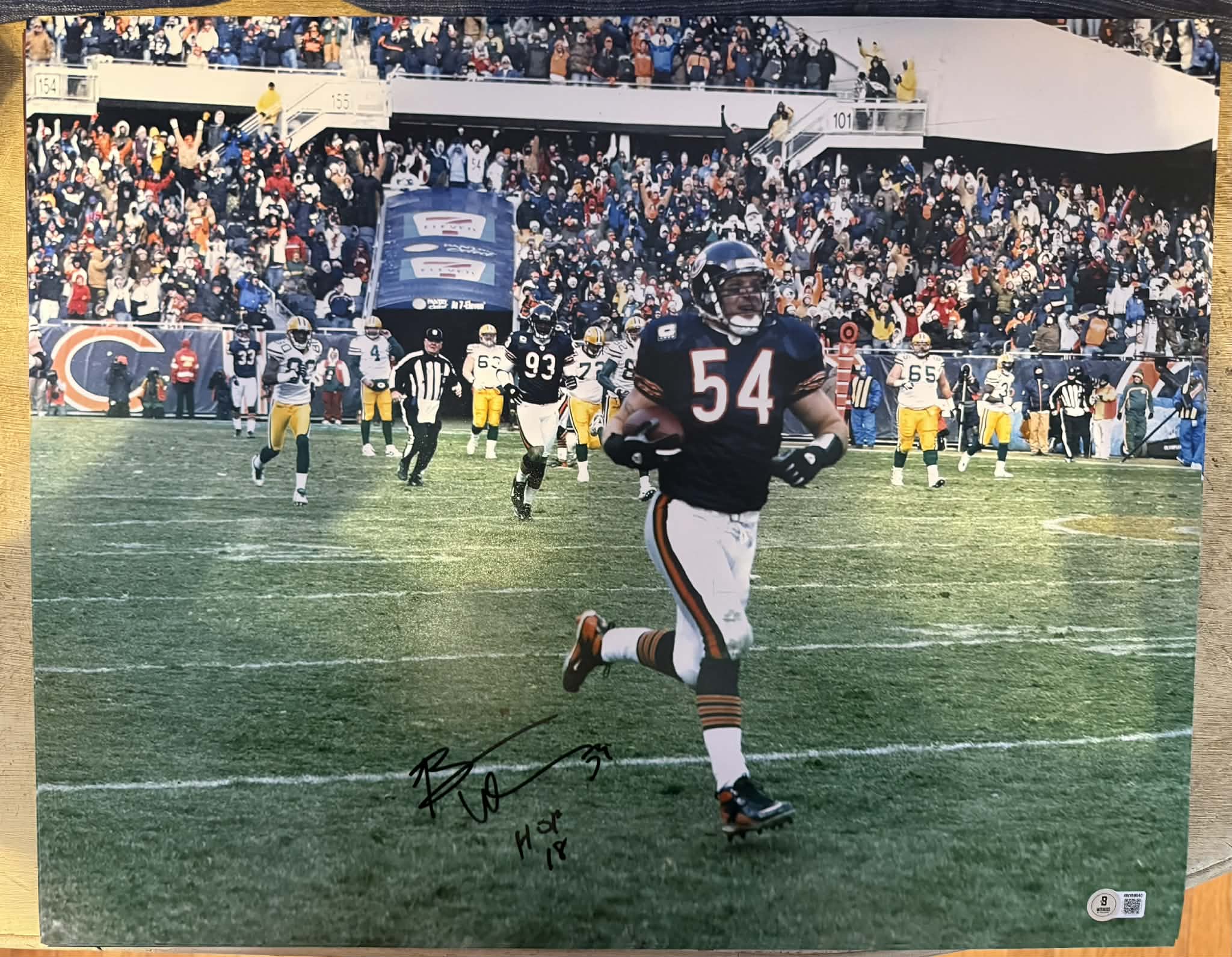 Brian Urlacher Signed HOF 18 Inscription Pose 2 Football 16x20 Photo (Beckett)