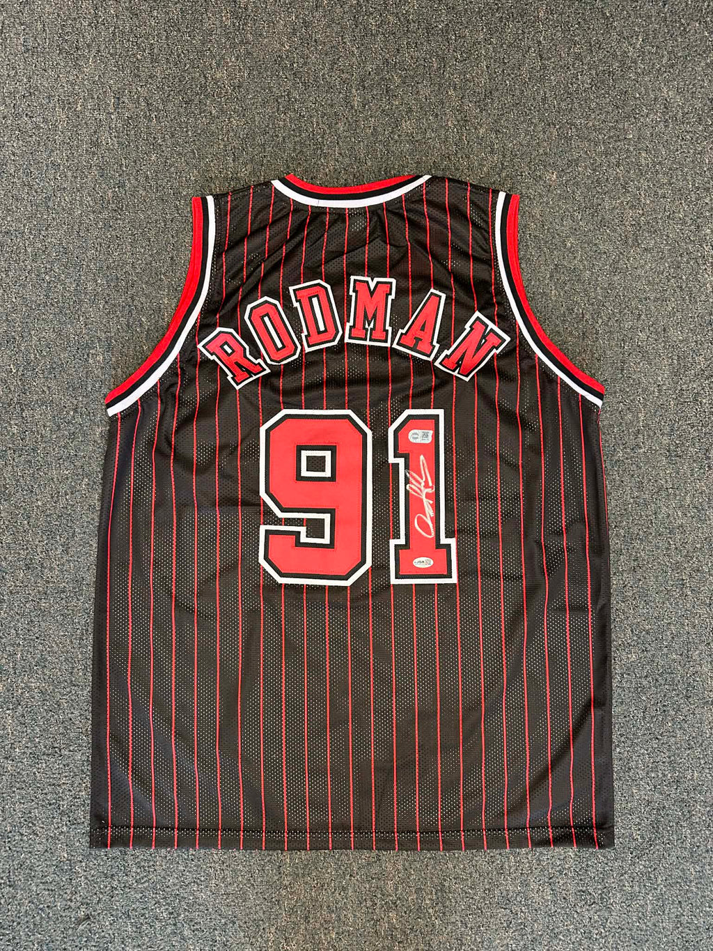 Autographed/Signed DENNIS RODMAN Chicago Pinstripe Basketball Jersey JSA COA
