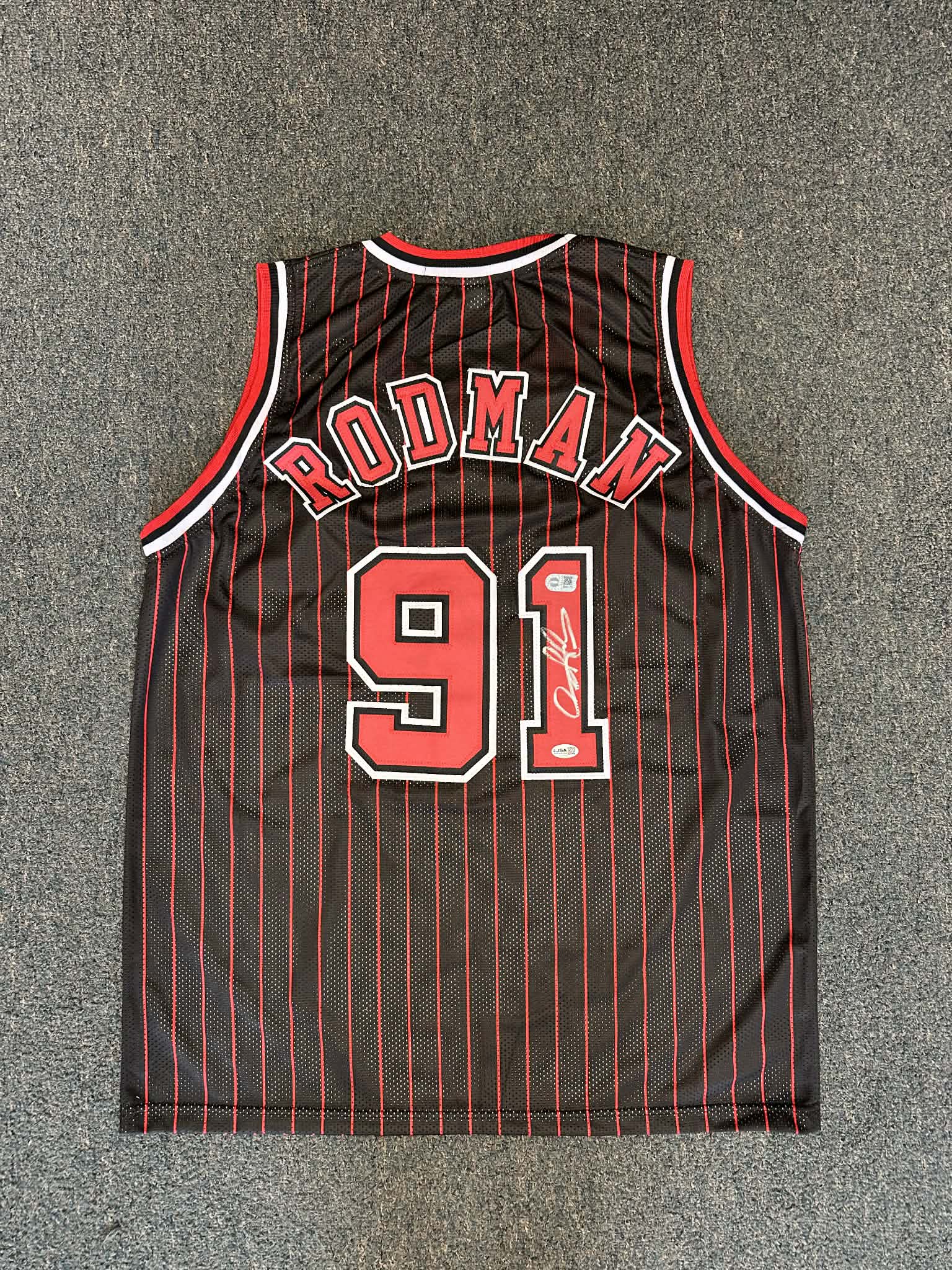 Autographed/Signed DENNIS RODMAN Chicago Pinstripe Basketball Jersey JSA COA