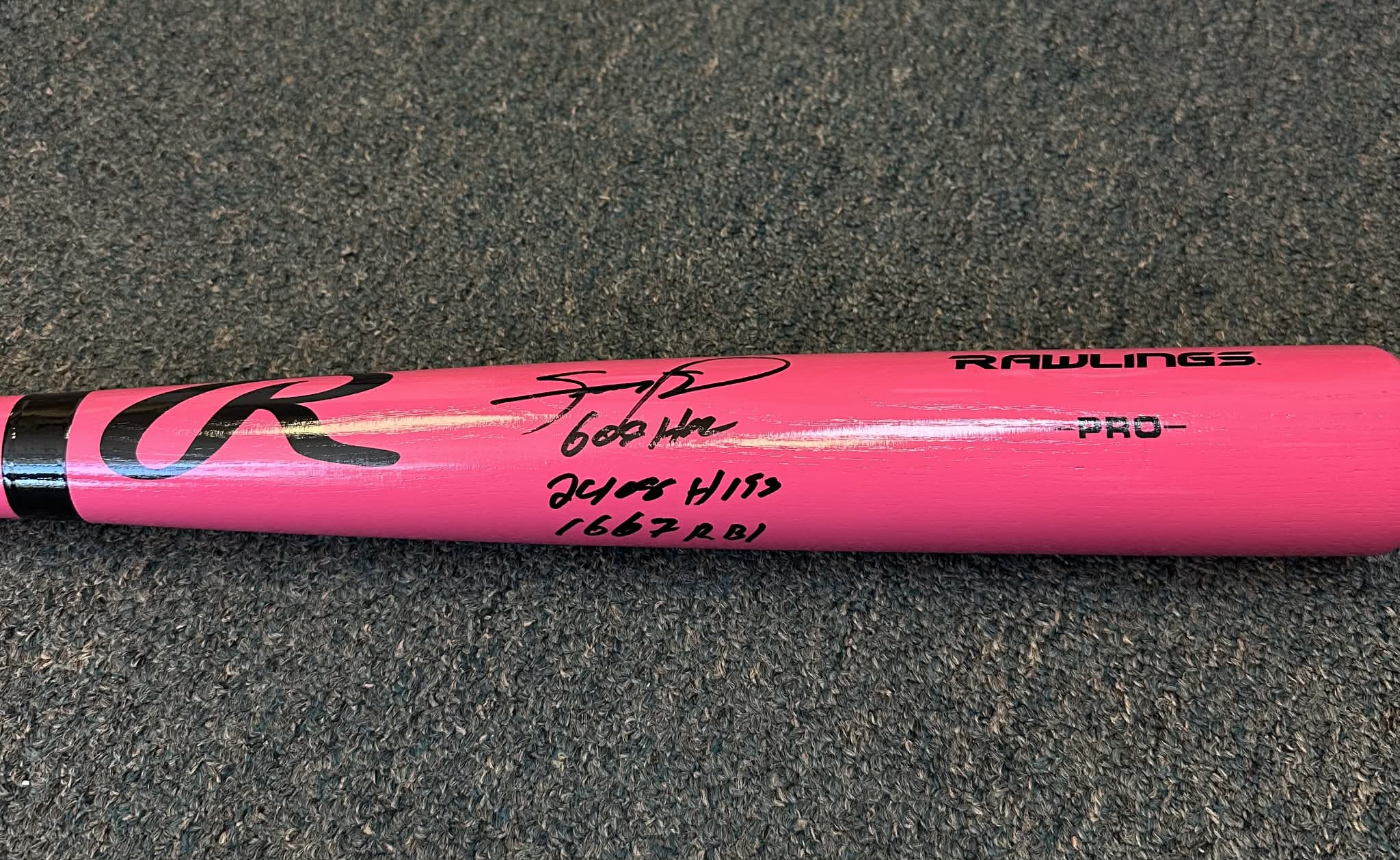 Autographed/Signed Sammy Sosa Pink Rawlings Stat Bat JSA COA